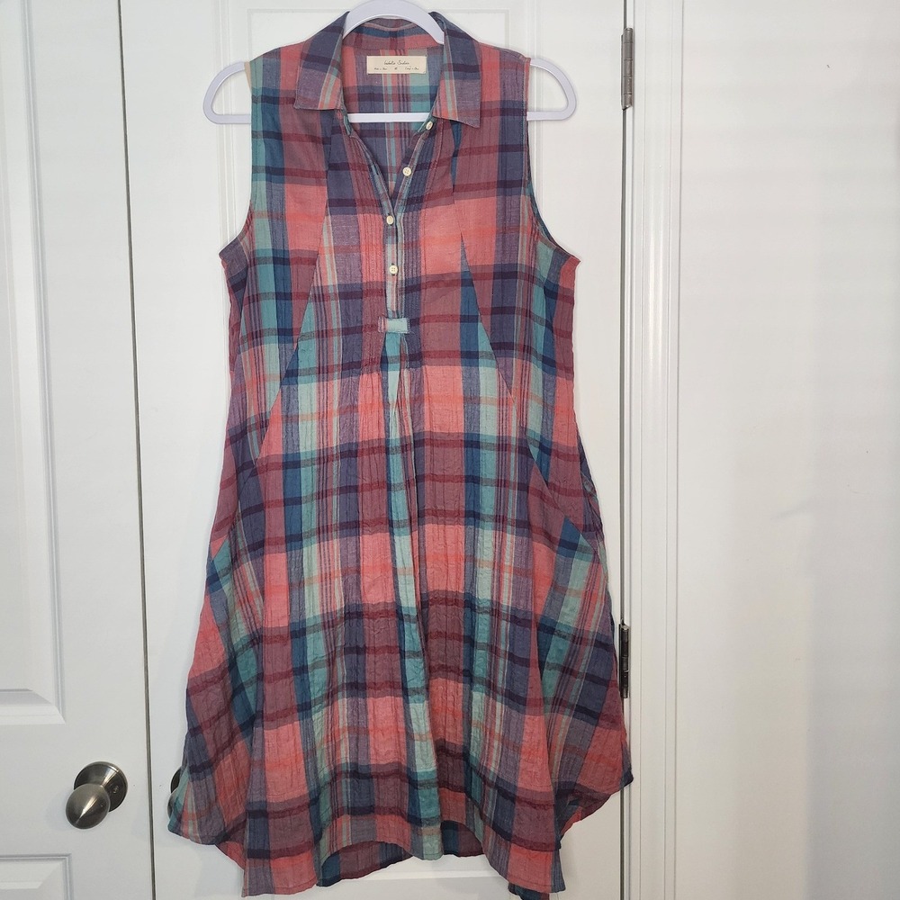 Isabella Sinclair Anthropologie Plaid Sleeveless Tunic Dress Coral Teal Medium